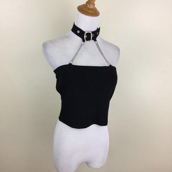 NWT BALBOA FASHION Black Silver Chains Adjustable Buckle Cropped Top - Picture 6 of 7